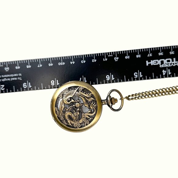 Unique Brass Pocket Watch Intricate Phoenix & Dragon Design NWOT Fantasy Boho Go - Picture 4 of 7